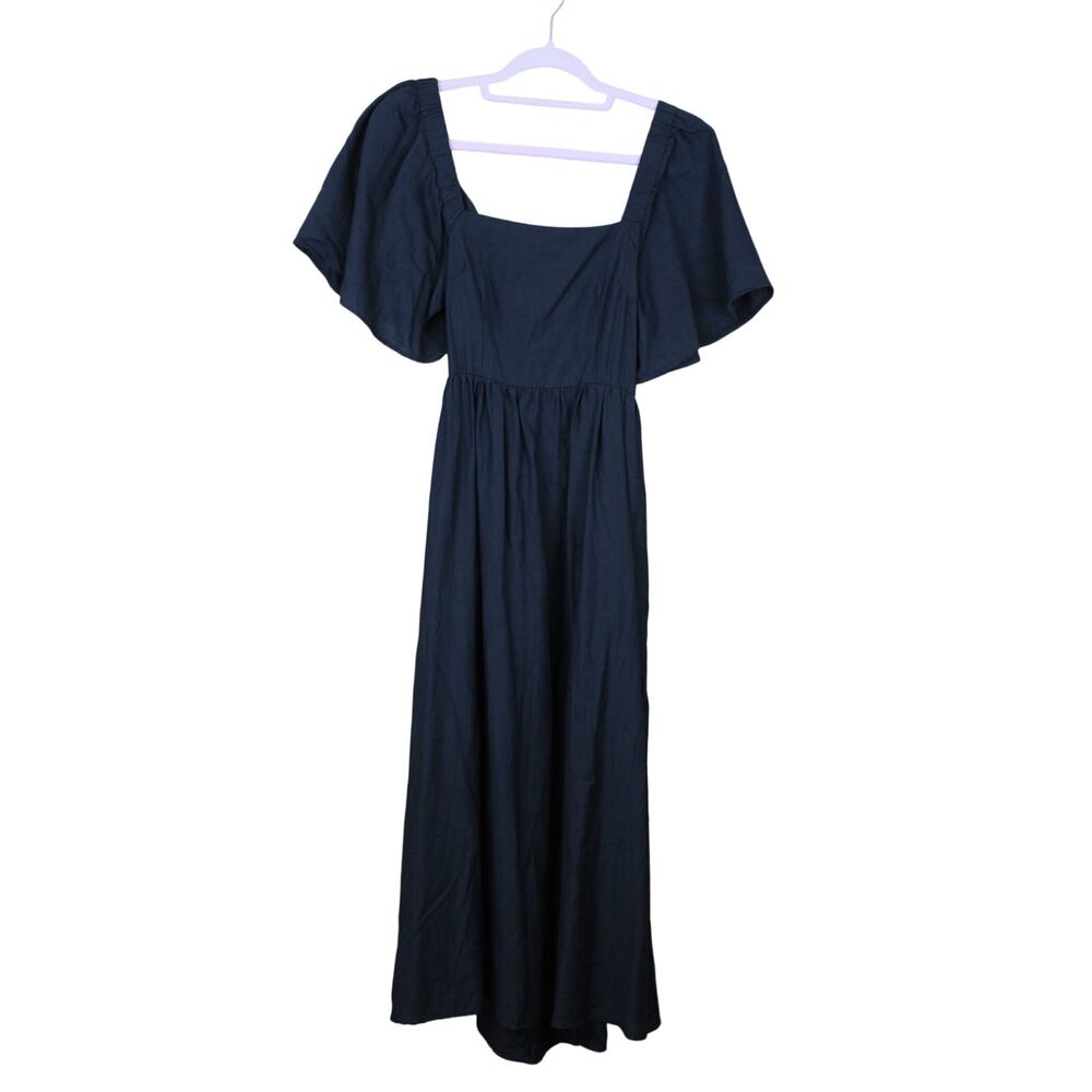 A New Day Black Linen Short Sleeves Square Neck Tie Fit & Flare Midi Dress XS